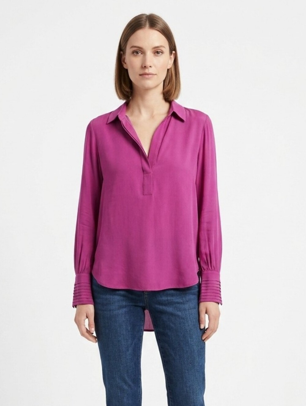 Banana Republic XS Magenta Fuchsia Pink Pleated Cuff V-Neck Popover Blouse Top